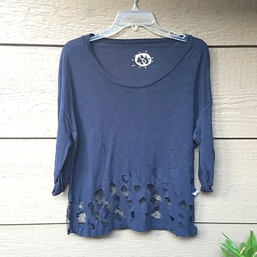 Blue Life Black 3/4 sleeve tee lace back front cutouts Modal XS